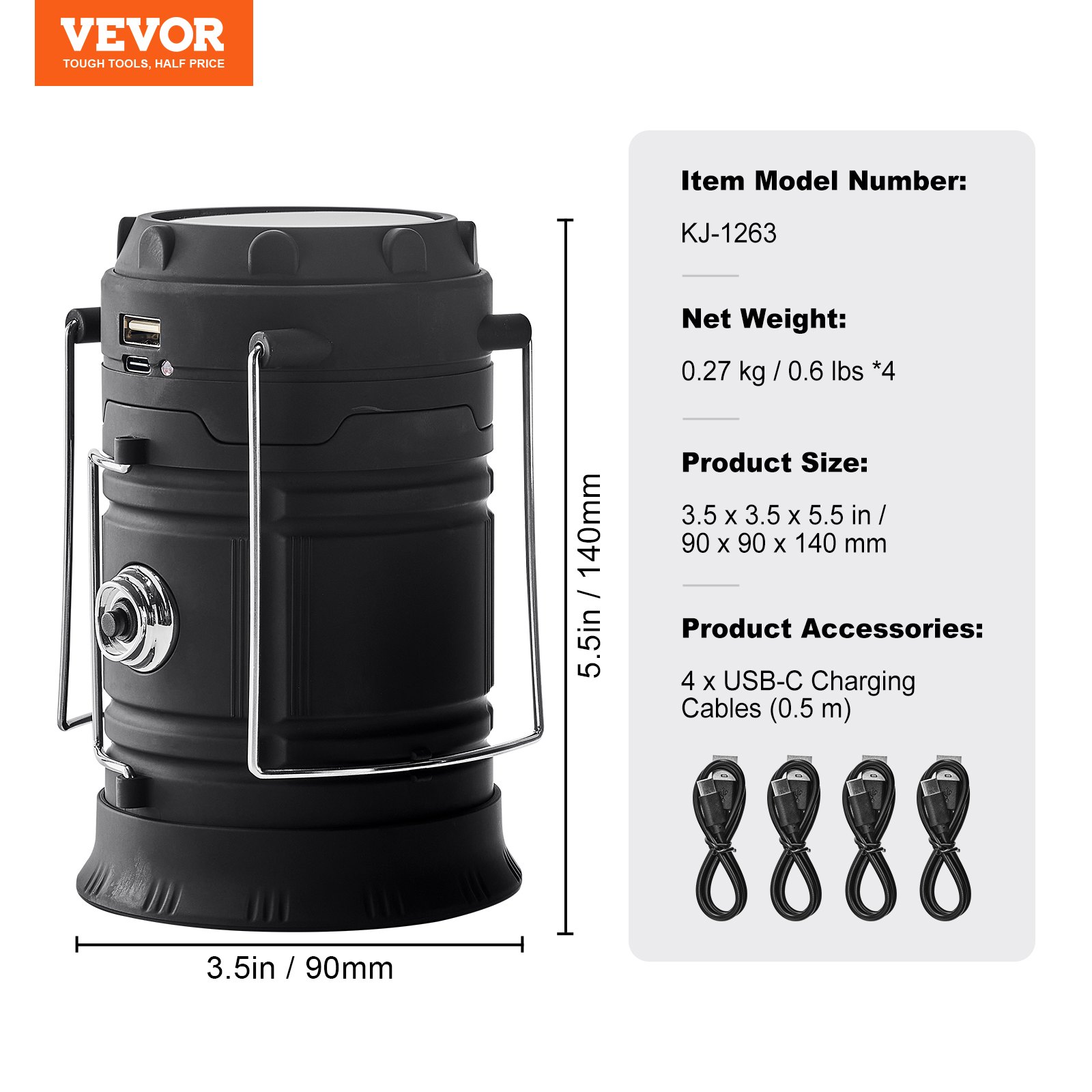 VEVOR LED Camping Lanterns, 4 Pack Rechargeable Camping Flashlights, Solar & USB Charging, Portable Collapsible, Bulit to Last Lights, As Power Bank, for Hiking, Hurricane Emergency, Outrages, Fishing