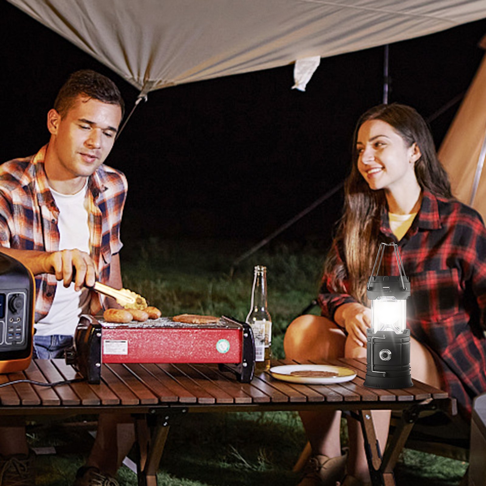 VEVOR LED Camping Lanterns, 4 Pack Rechargeable Camping Flashlights, Solar & USB Charging, Portable Collapsible, Bulit to Last Lights, As Power Bank, for Hiking, Hurricane Emergency, Outrages, Fishing