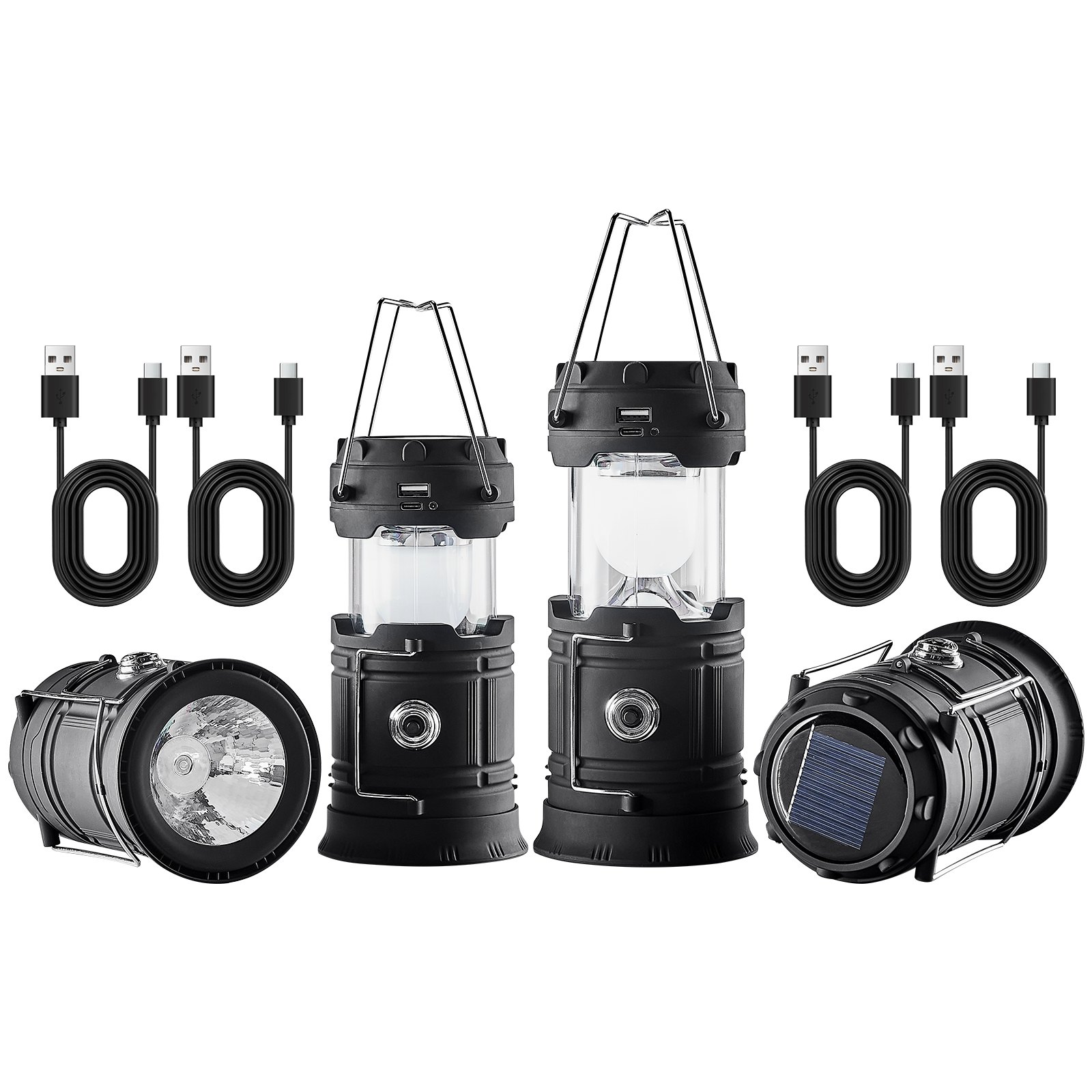 VEVOR LED Camping Lanterns, 4 Pack Rechargeable Camping Flashlights, Solar & USB Charging, Portable Collapsible, Bulit to Last Lights, As Power Bank, for Hiking, Hurricane Emergency, Outrages, Fishing