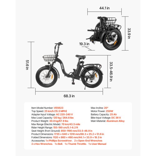 VEVOR Electric Bike, 250W Folding Electric Bicycle for Adults with 25Ah  Large Removable Battery, 36V 25