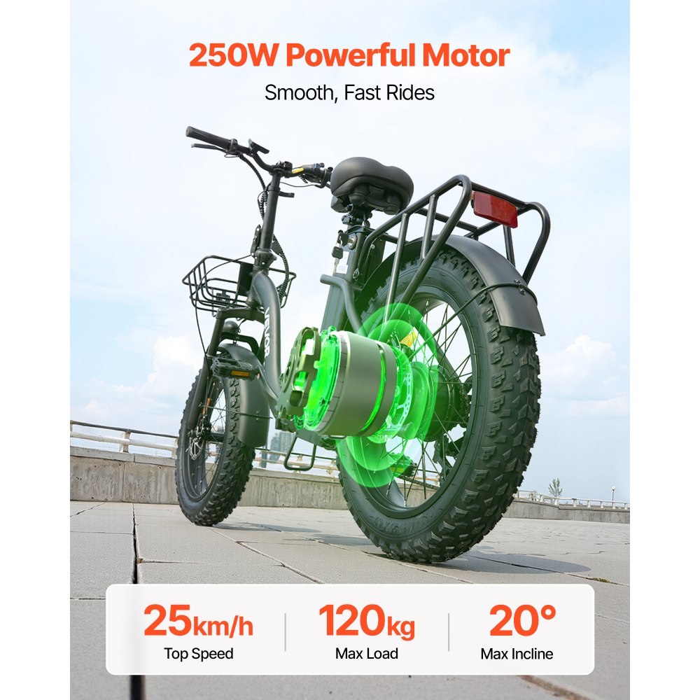 VEVOR Electric Bike, 250W Folding Electric Bicycle for Adults with 25Ah Large Removable Battery, 36V 25 km/h Brushless Motor, Up to 70 km Max Range, Pneumatic Fat Tire 7-Speed Gear Ebike for Commute
