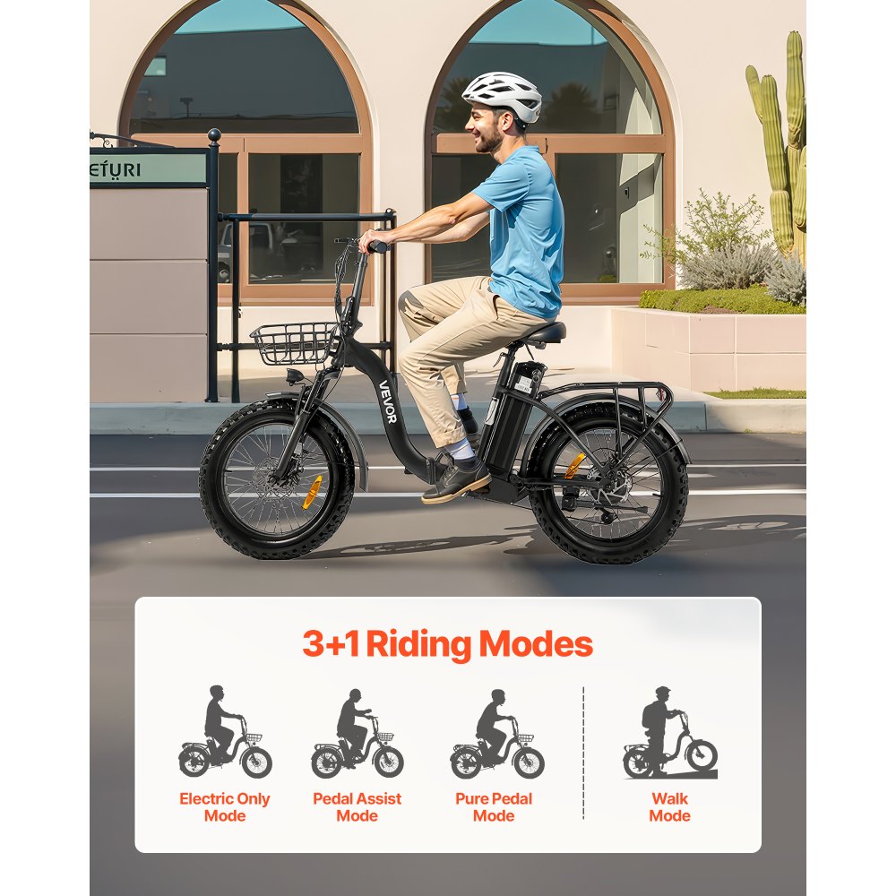 VEVOR Electric Bike, 250W Folding Electric Bicycle for Adults with 25Ah Large Removable Battery, 36V 25 km/h Brushless Motor, Up to 70 km Max Range, Pneumatic Fat Tire 7-Speed Gear Ebike for Commute