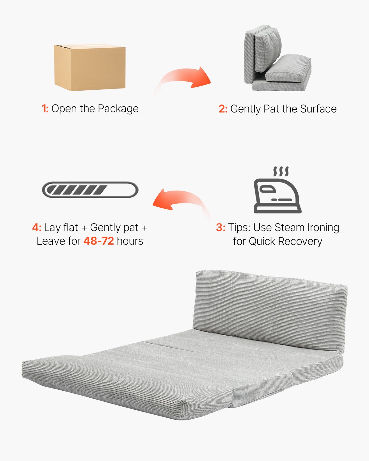 VEVOR Folding Sofa Bed, 3-in-1 Foldable Couch Bed with Washable Cover, 25D High Density Memory Foam Convertible Sleeper Chair Bed, Futon Couch for Living Room, Bedroom, Guest, Light Grey(Full)