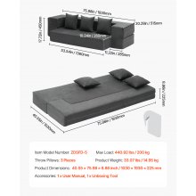 VEVOR Folding Sofa Bed 3-in-1 Foldable Couch Bed with 3 Pillows Dark Grey Twin