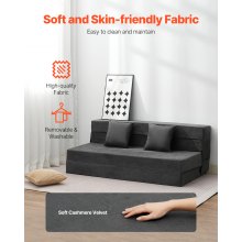 VEVOR Folding Sofa Bed, 3-in-1 Foldable Couch Bed with 2 Pillows and Washable Cover, 25D High Density Memory Foam Convertible Sleeper Chair Bed, Futon Couch for Living Room, Bedroom, Dark Grey(Queen)