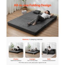 VEVOR Folding Sofa Bed, 3-in-1 Foldable Couch Bed with 2 Pillows and Washable Cover, 25D High Density Memory Foam Convertible Sleeper Chair Bed, Futon Couch for Living Room, Bedroom, Dark Grey(Queen)