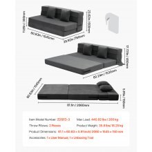 VEVOR Folding Sofa Bed, 3-in-1 Foldable Couch Bed with 2 Pillows and Washable Cover, 25D High Density Memory Foam Convertible Sleeper Chair Bed, Futon Couch for Living Room, Bedroom, Dark Grey(Queen)
