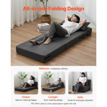 VEVOR Folding Sofa Bed, 3-in-1 Foldable Couch Bed with 2 Pillows and Washable Cover, 25D High Density Memory Foam Convertible Sleeper Chair Bed, Futon Couch for Living Room, Bedroom, Dark Grey(Single)