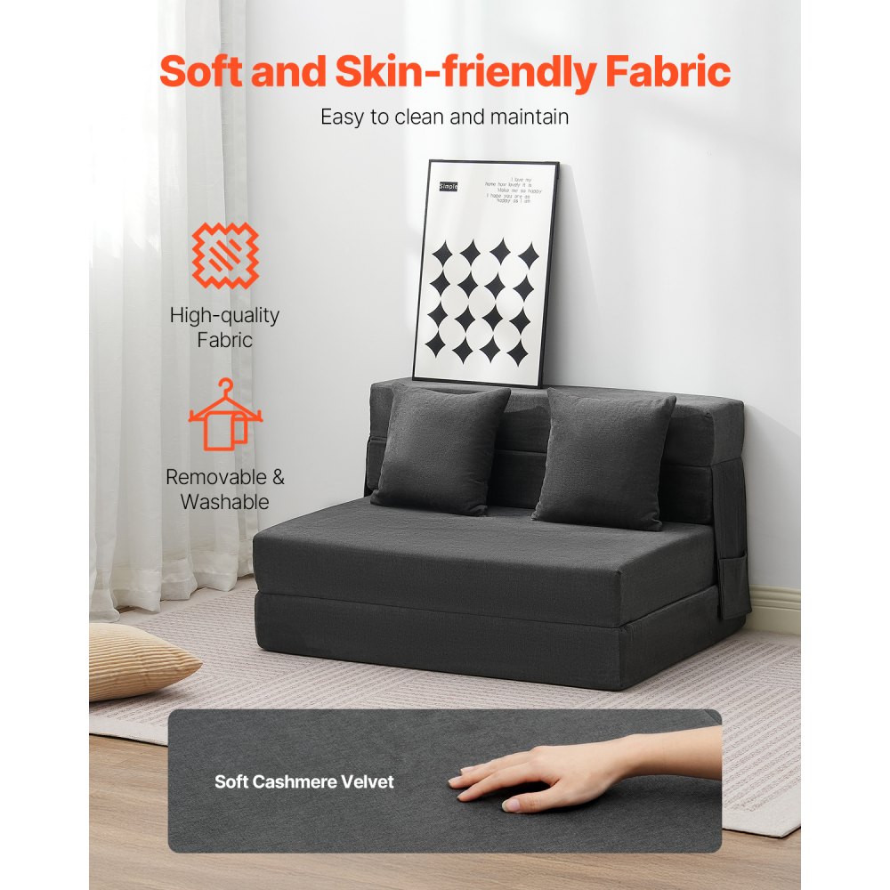 VEVOR Folding Sofa Bed, 3-in-1 Foldable Couch Bed with 2 Pillows and Washable Cover, 25D High Density Memory Foam Convertible Sleeper Chair Bed, Futon Couch for Living Room, Bedroom, Dark Grey(Twin)