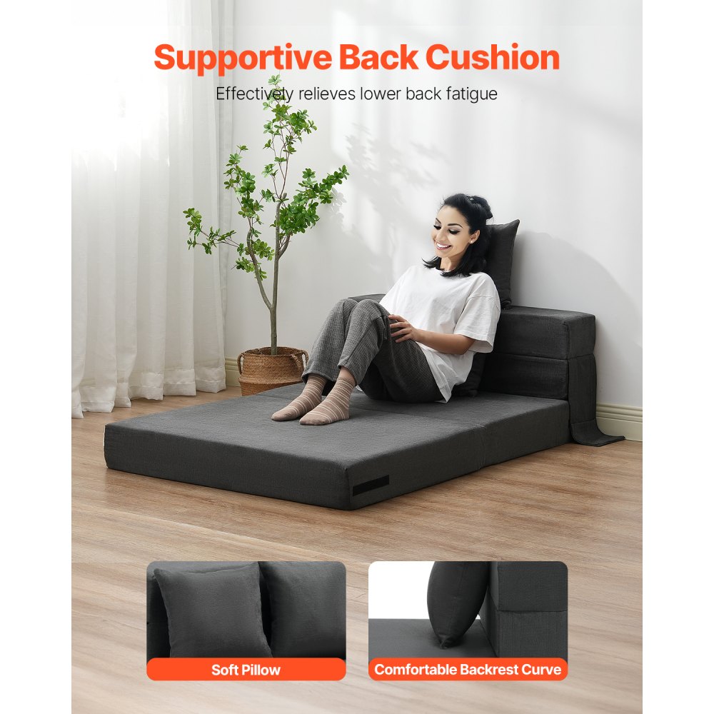 VEVOR Folding Sofa Bed, 3-in-1 Foldable Couch Bed with 2 Pillows and Washable Cover, 25D High Density Memory Foam Convertible Sleeper Chair Bed, Futon Couch for Living Room, Bedroom, Dark Grey(Twin)