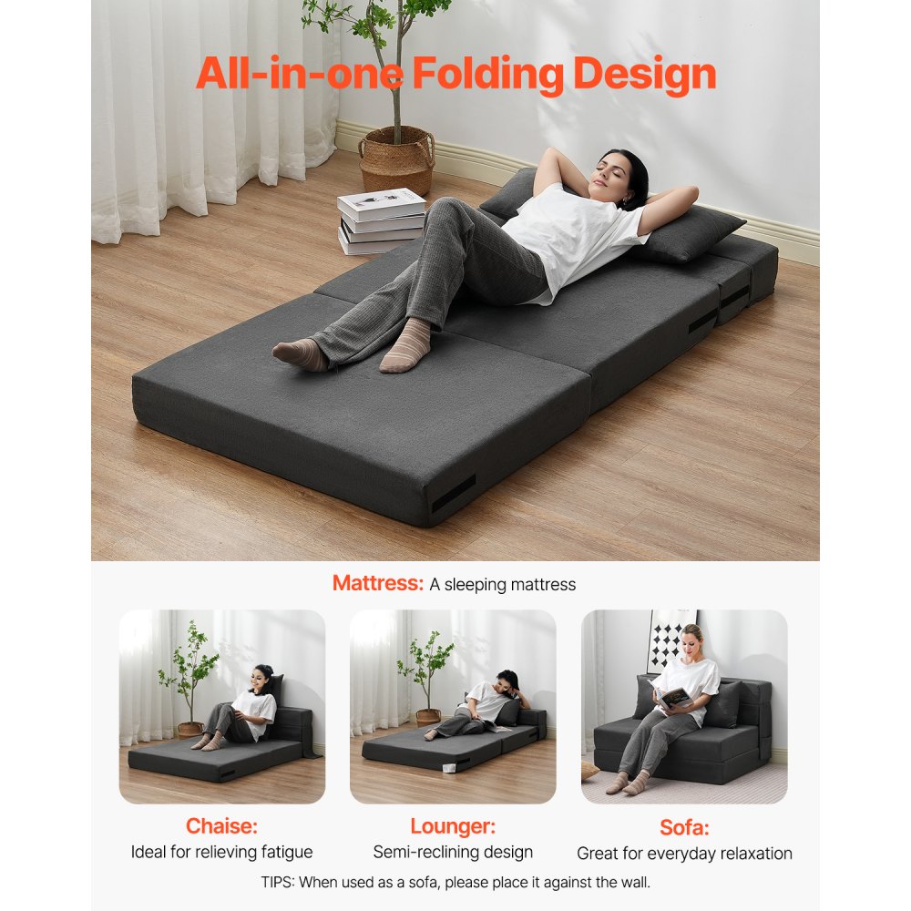 VEVOR Folding Sofa Bed, 3-in-1 Foldable Couch Bed with 2 Pillows and Washable Cover, 25D High Density Memory Foam Convertible Sleeper Chair Bed, Futon Couch for Living Room, Bedroom, Dark Grey(Twin)