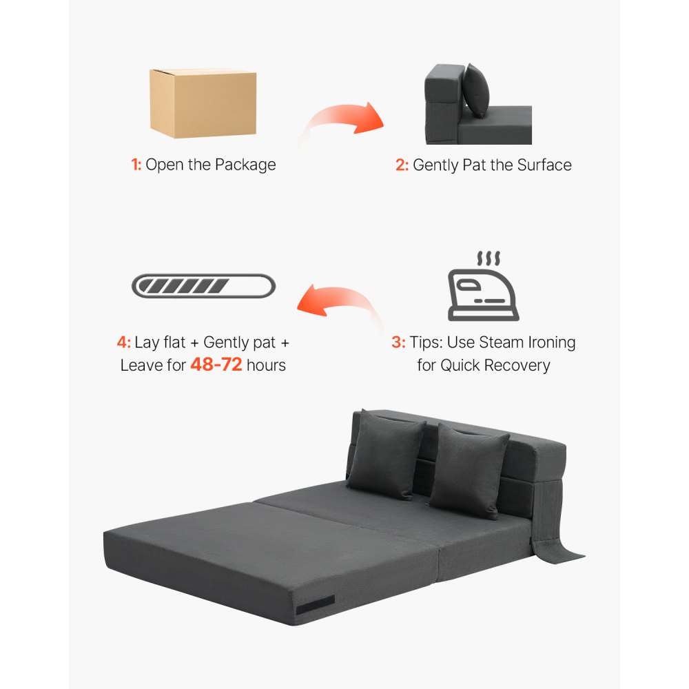 VEVOR Folding Sofa Bed, 3-in-1 Foldable Couch Bed with 2 Pillows and Washable Cover, 25D High Density Memory Foam Convertible Sleeper Chair Bed, Futon Couch for Living Room, Bedroom, Dark Grey(Twin)