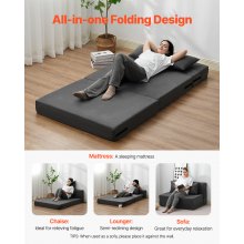 Folding Sofa Bed 3-in-1 Foldable Couch Bed with 2 Pillows Dark Grey Twin