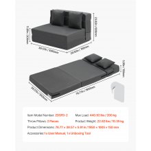 Folding Sofa Bed 3-in-1 Foldable Couch Bed with 2 Pillows Dark Grey Twin