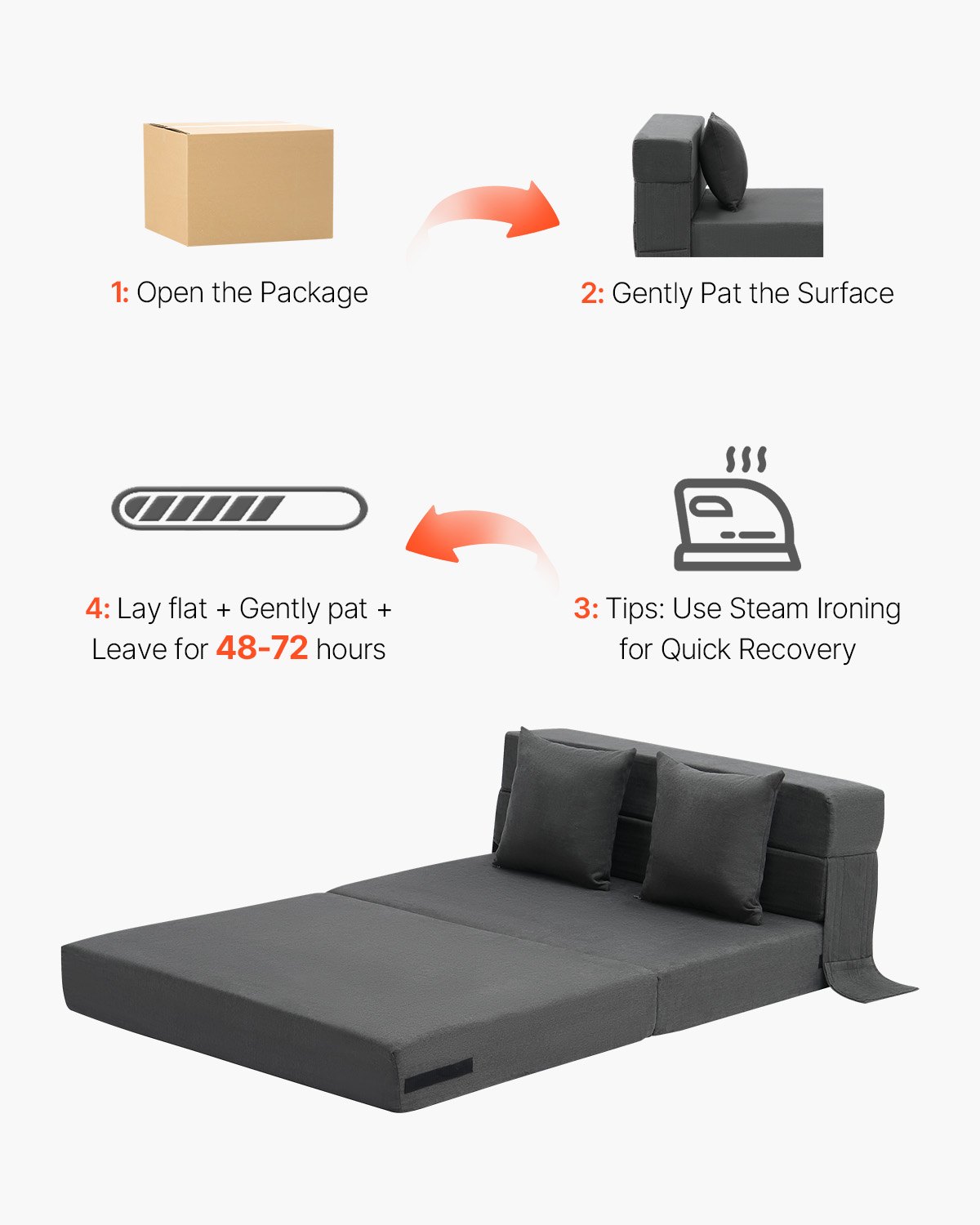 VEVOR Folding Sofa Bed, 3-in-1 Foldable Couch Bed with 2 Pillows and Washable Cover, 25D High Density Memory Foam Convertible Sleeper Chair Bed, Futon Couch for Living Room, Bedroom, Dark Grey(Twin)