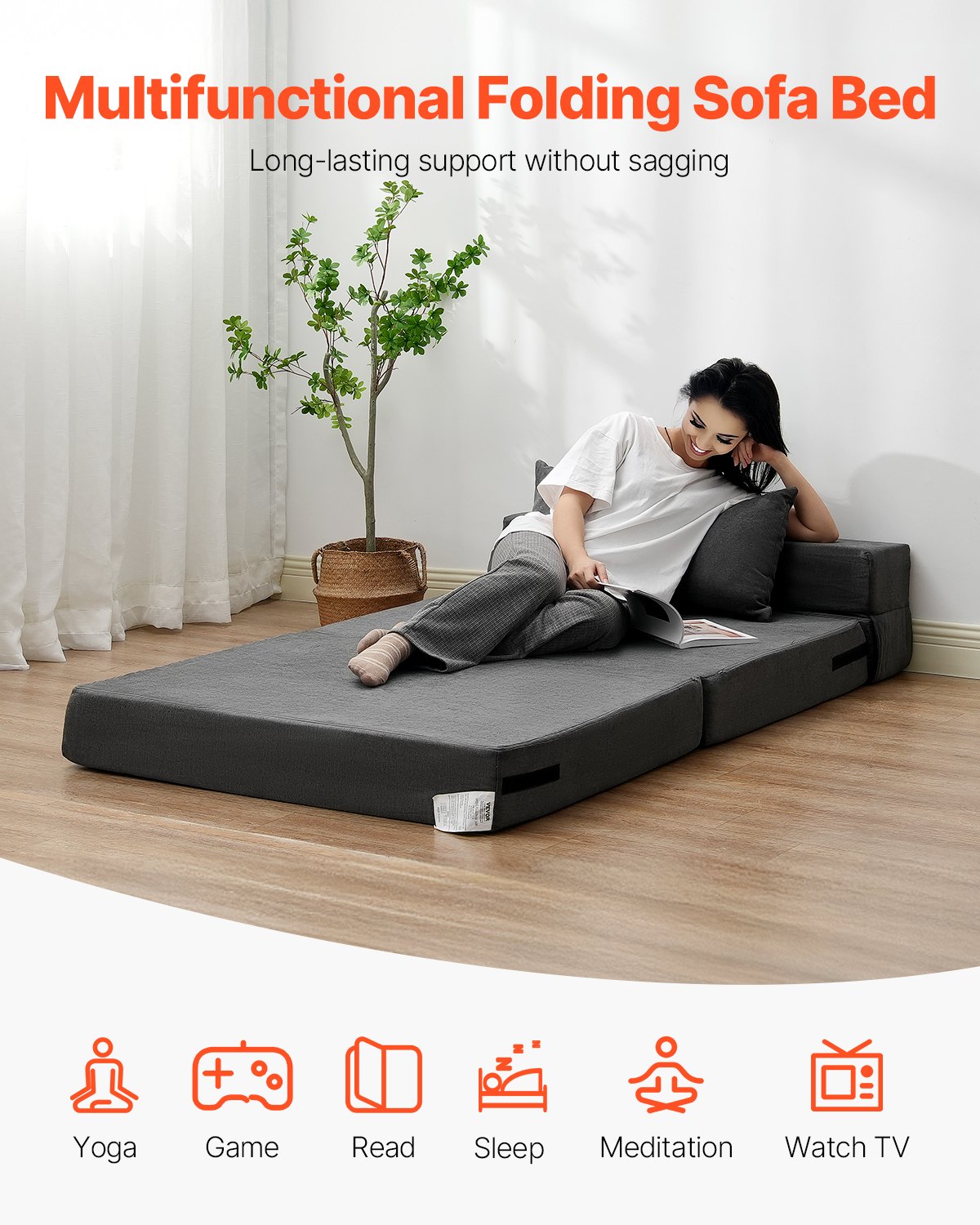 VEVOR Folding Sofa Bed, 3-in-1 Foldable Couch Bed with 2 Pillows and Washable Cover, 25D High Density Memory Foam Convertible Sleeper Chair Bed, Futon Couch for Living Room, Bedroom, Dark Grey(Twin)