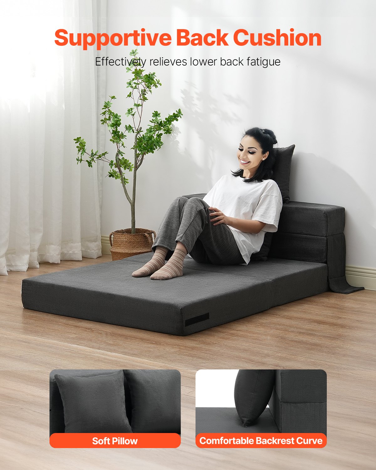 VEVOR Folding Sofa Bed, 3-in-1 Foldable Couch Bed with 2 Pillows and Washable Cover, 25D High Density Memory Foam Convertible Sleeper Chair Bed, Futon Couch for Living Room, Bedroom, Dark Grey(Twin)