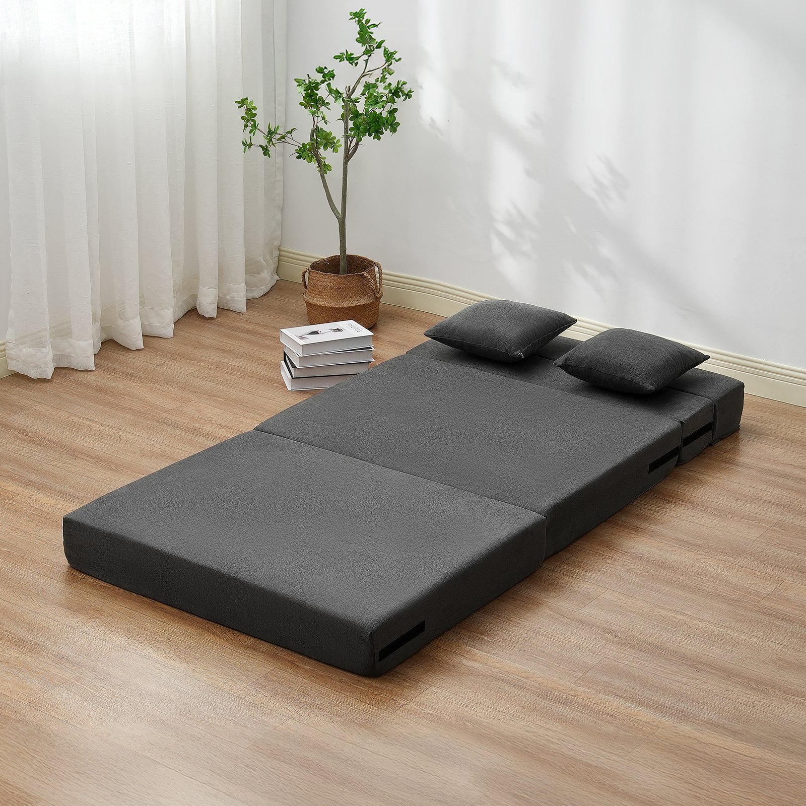 VEVOR Folding Sofa Bed, 3-in-1 Foldable Couch Bed with 2 Pillows and Washable Cover, 25D High Density Memory Foam Convertible Sleeper Chair Bed, Futon Couch for Living Room, Bedroom, Dark Grey(Twin)