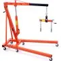 orange VEVOR hydraulic engine hoist with adjustable load capacity and wheeled base.