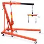 orange VEVOR hydraulic engine hoist with adjustable arm and chain attachments on caster wheels.