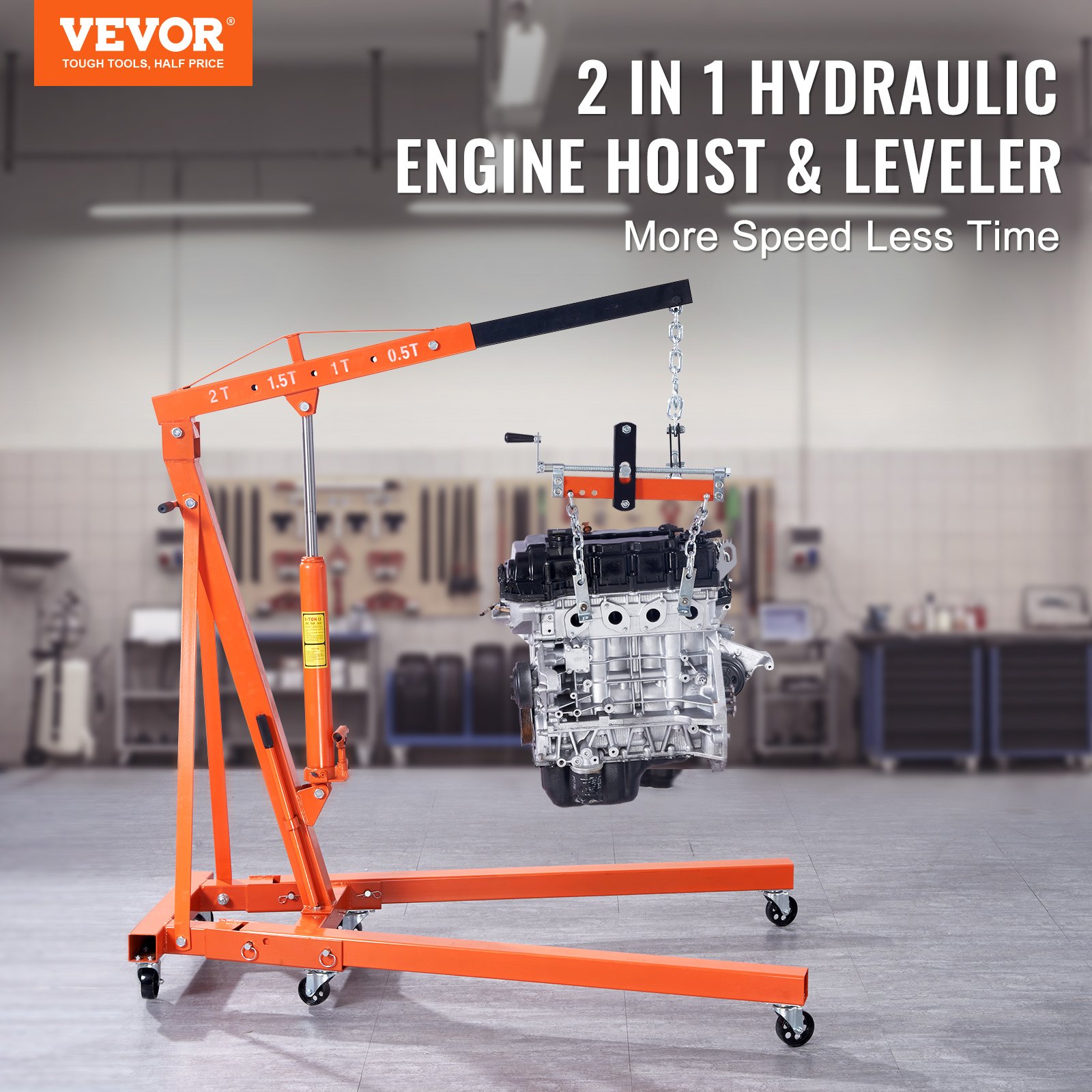 VEVOR hydraulic engine hoist and leveler in a workshop setting, lifting an engine.
