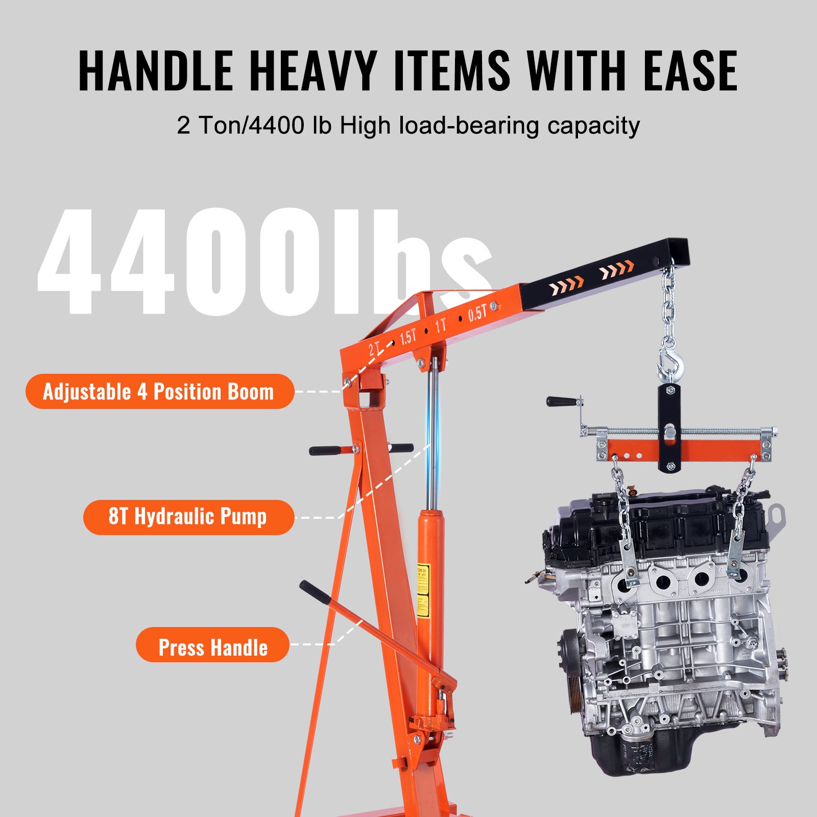 VEVOR hydraulic engine hoist lifting 4400 lbs engine with adjustable boom, 8t pump, and press handle.