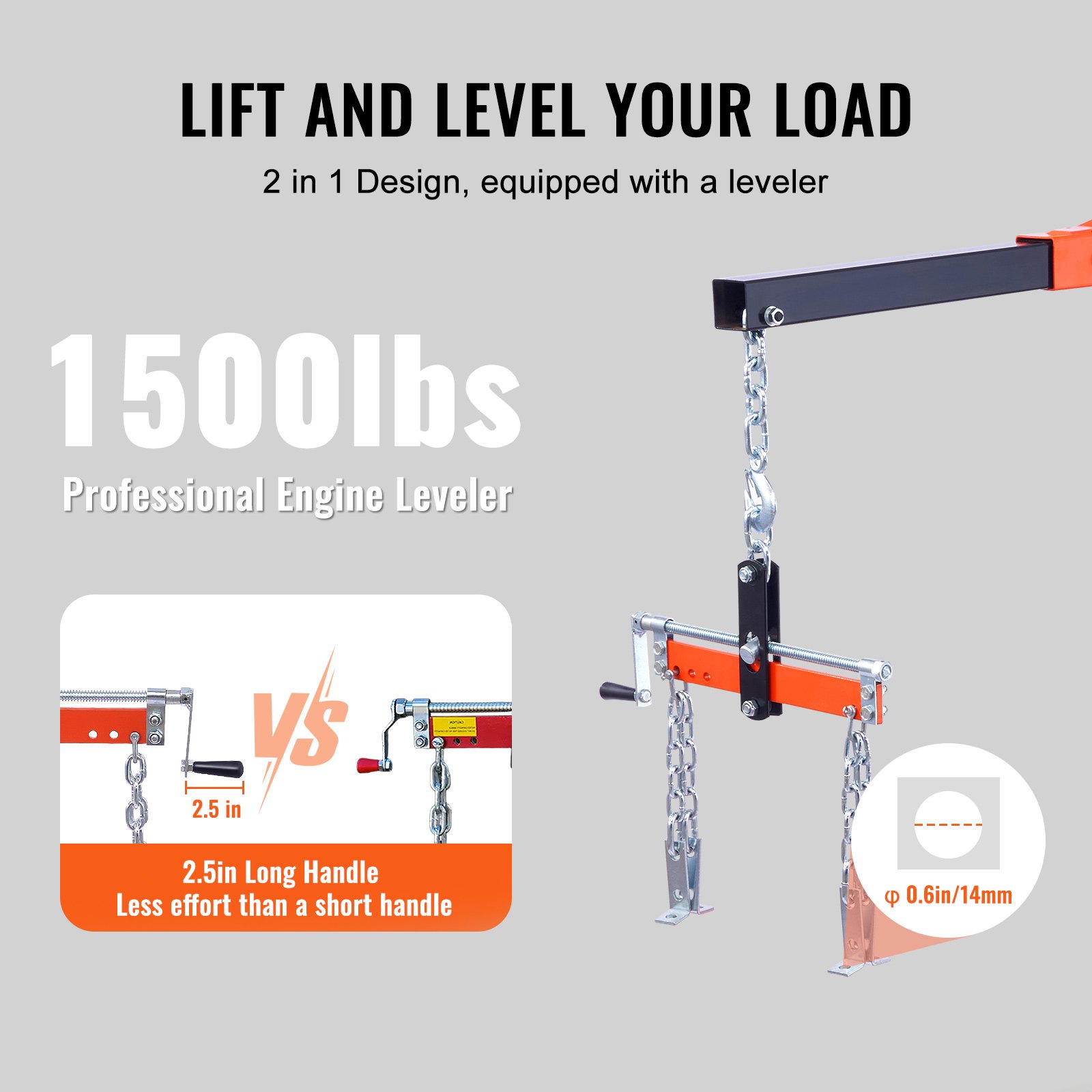 VEVOR hydraulic engine hoist 2-in-1 design, 1500lb professional leveler, 2.5in handle for less effort.