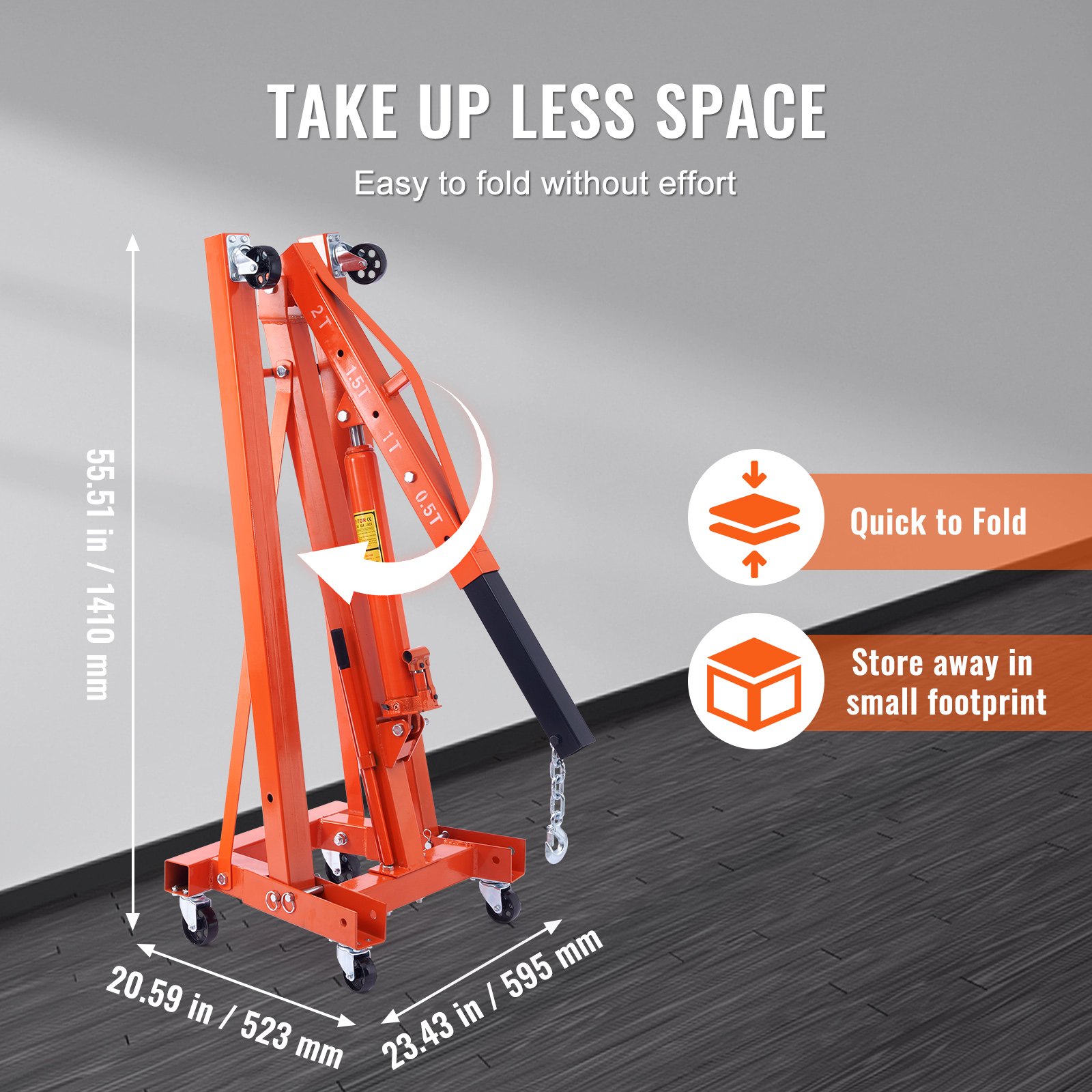 VEVOR hydraulic engine hoist folded for space-saving, with dimensions and foldable feature highlighted.