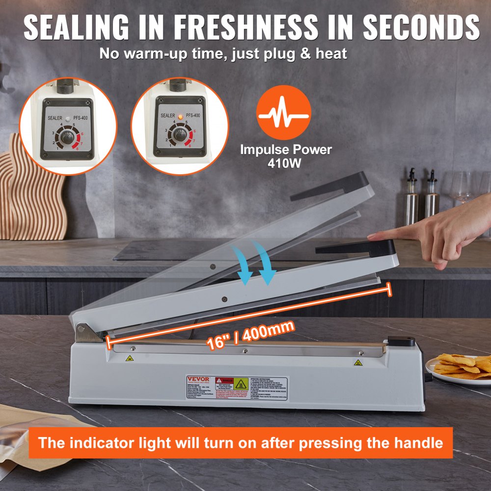 Selladora de impulsos VEVOR de 16 pulgadas, máquina de sellado térmico manual con modo de calentamiento ajustable, selladora de bolsas de aluminio retráctil para bolsas de plástico Mylar, PE, PP, selladora portátil de bolsas de polietileno con kit de reemplazo adicional