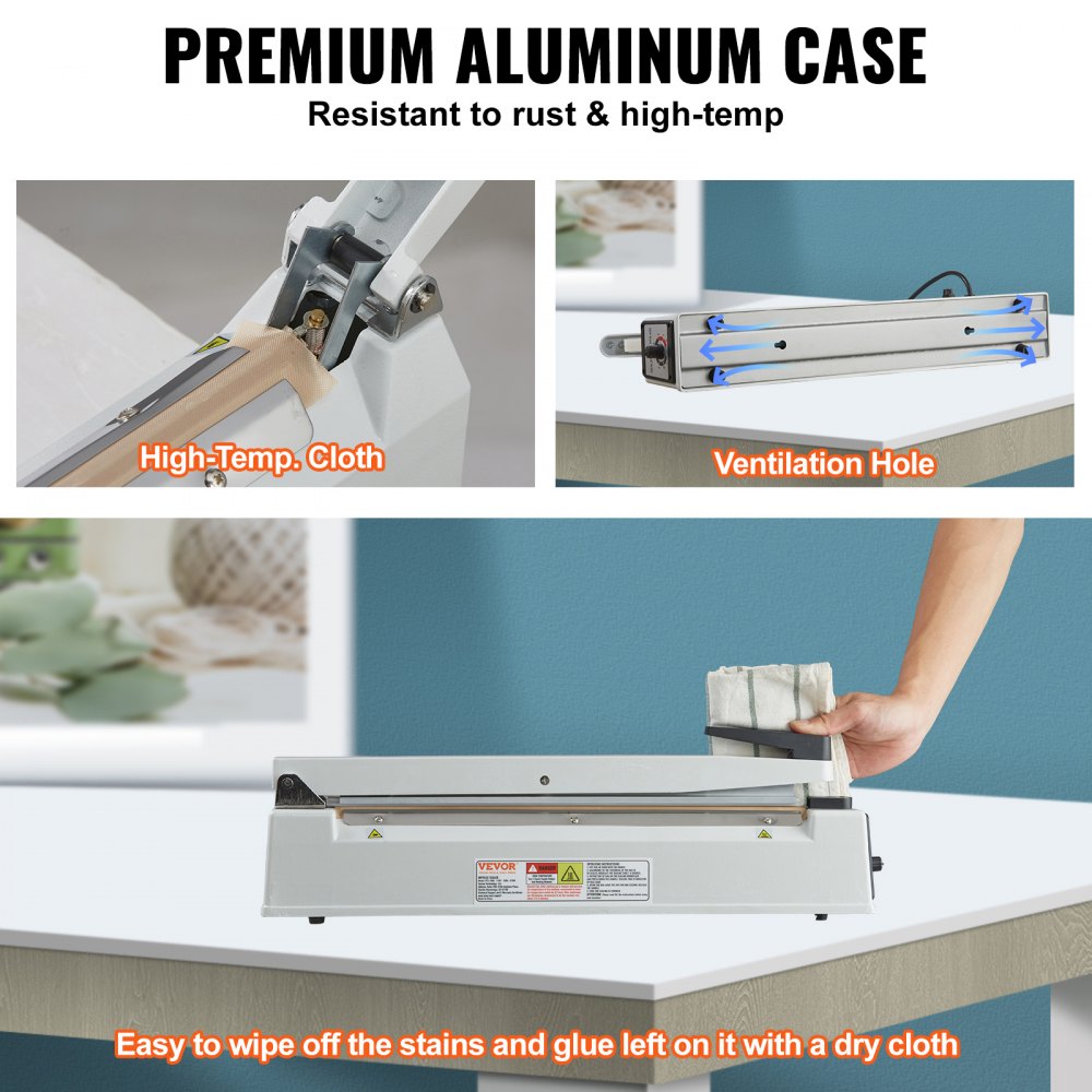 Selladora de impulsos VEVOR de 16 pulgadas, máquina de sellado térmico manual con modo de calentamiento ajustable, selladora de bolsas de aluminio retráctil para bolsas de plástico Mylar, PE, PP, selladora portátil de bolsas de polietileno con kit de reemplazo adicional
