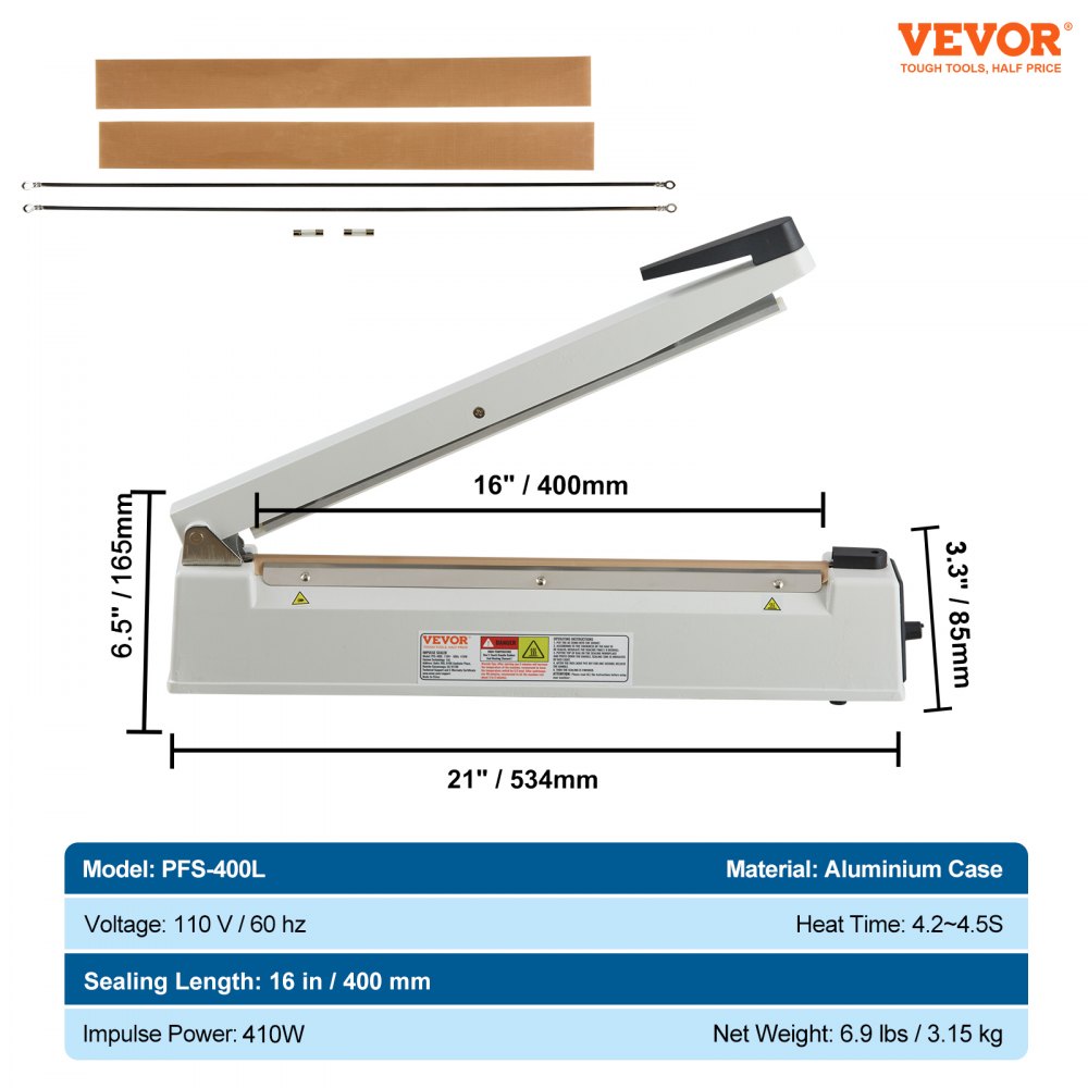 Selladora de impulsos VEVOR de 16 pulgadas, máquina de sellado térmico manual con modo de calentamiento ajustable, selladora de bolsas de aluminio retráctil para bolsas de plástico Mylar, PE, PP, selladora portátil de bolsas de polietileno con kit de reemplazo adicional