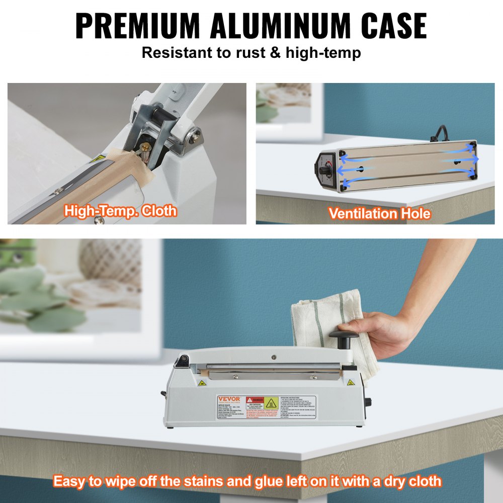 Selladora de impulsos VEVOR de 8 pulgadas, máquina de sellado térmico manual con modo de calentamiento ajustable, selladora de bolsas de aluminio retráctil para bolsas de plástico Mylar, PE, PP, selladora portátil de bolsas de polietileno con kit de reemplazo adicional