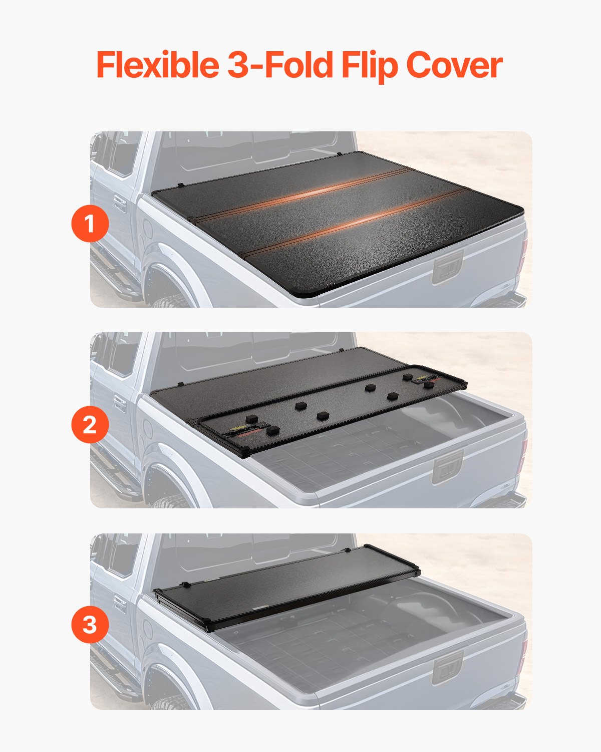 VEVOR Tri-Fold Truck Bed Tonneau Cover, Compatible with 2009-2024 Ram 1500 (19-24 Classic/New Body), Fleetside 1712 mm Bed Without Rambox, Fit 1712 x 1687 mm Inside Bed, 181.4 kg Load Capacity, Black