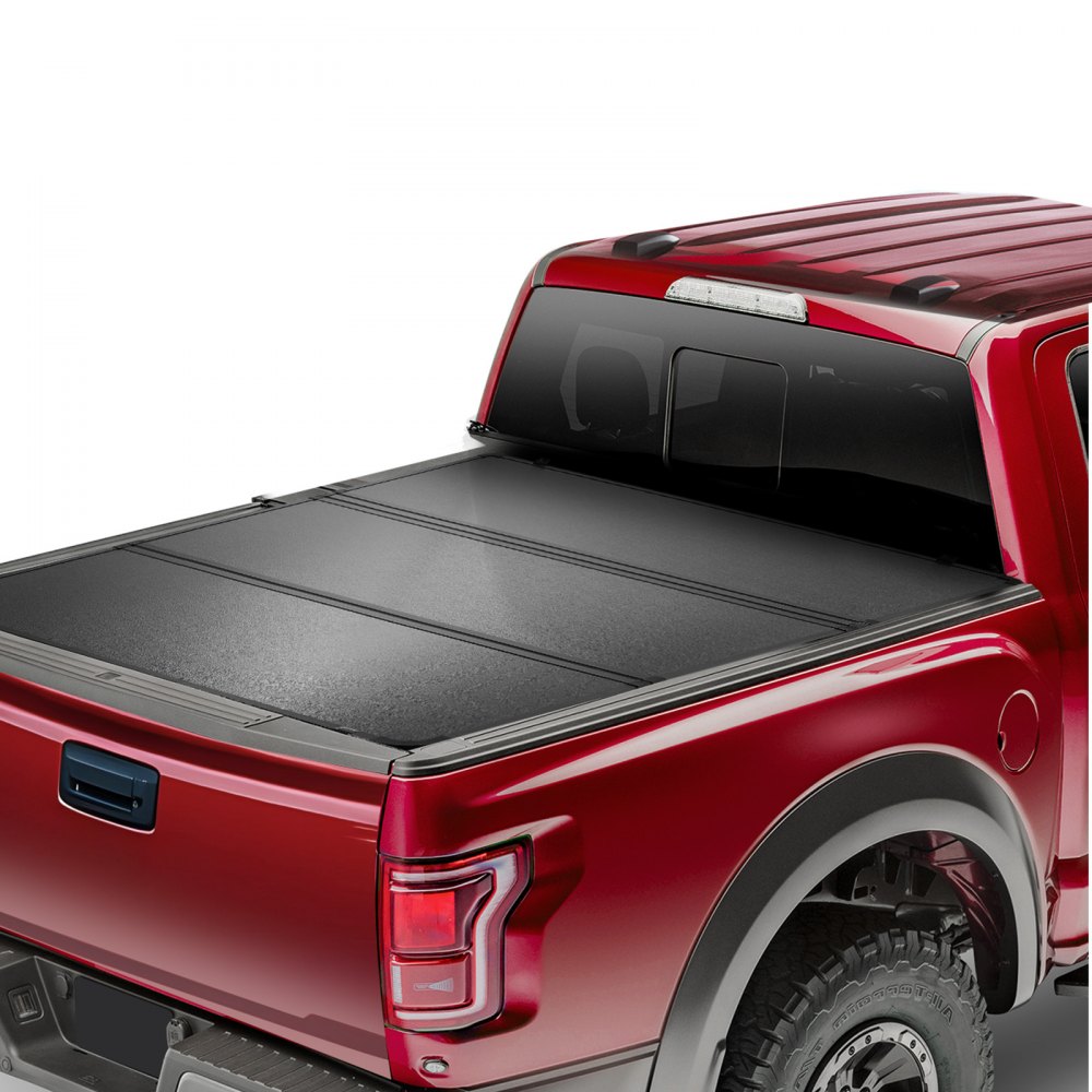 red pickup truck with VEVOR tri-fold truck bed tonneau cover, providing secure rear cargo protection.