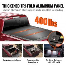 VEVOR Funda Tonneau para caja de camioneta triple plegable, compatible con Toyota Tacoma 2016-2023, cama de 5' (60.5"), solo se adapta a cama interior de 5.0' x 4.6' (60.5" x 55.0"), capacidad de carga de 400 lbs, luz LED, Plegado rápido, negro.