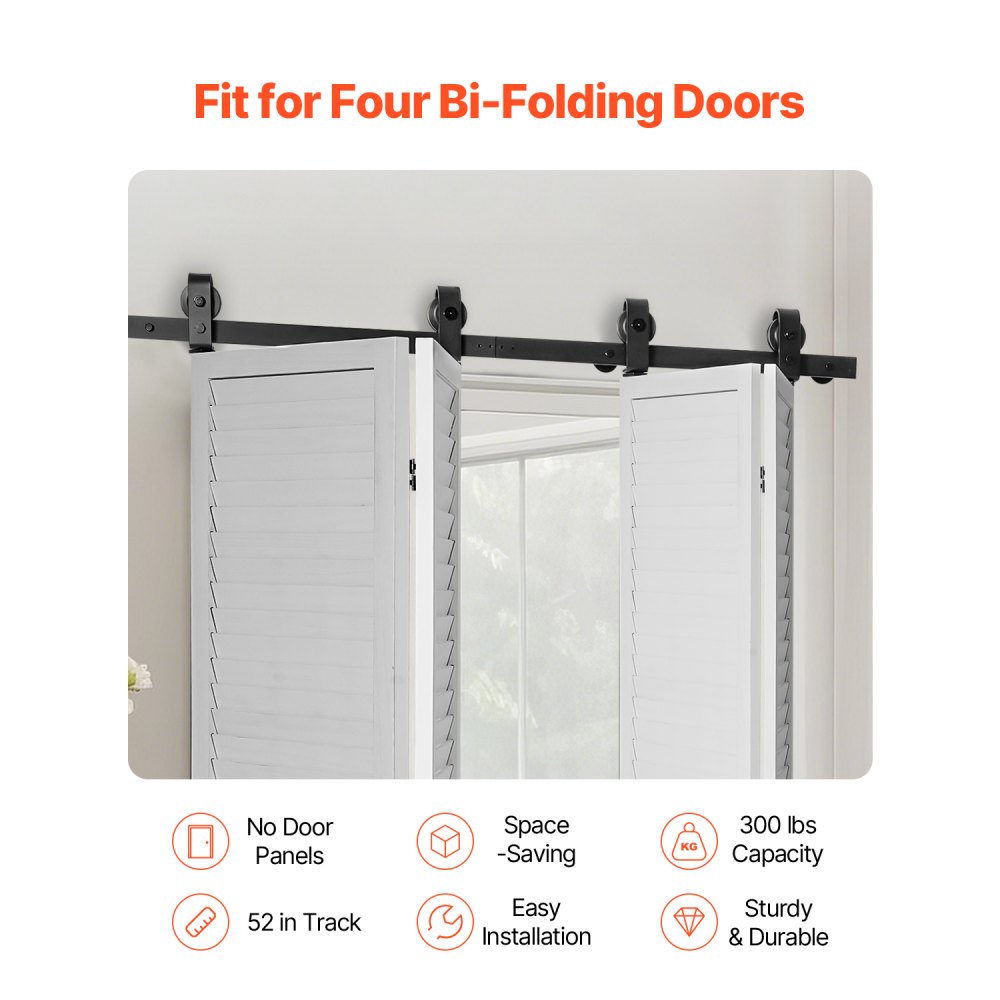 VEVOR Bi-Folding Sliding Barn Door Hardware Track Kit, 52" Top Mount Track Kit, Slide Smoothly & Quietly, Heavy Duty, Easy to Install, Suitable for Four 12" Closet Pantry Laundry Doors (Not Included)