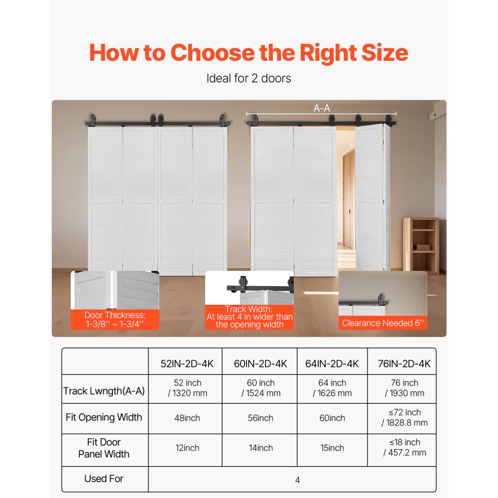 VEVOR Bi-Folding Sliding Barn Door Hardware Track Kit, 52" Top Mount Track Kit, Slide Smoothly & Quietly, Heavy Duty, Easy to Install, Suitable for Four 12" Closet Pantry Laundry Doors (Not Included)