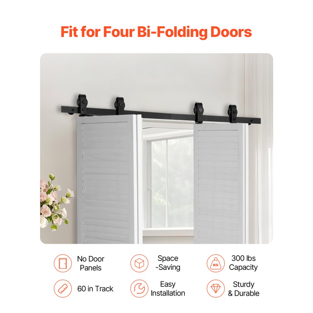 VEVOR Bi-Folding Sliding Barn Door Hardware Track Kit, 60" Top Mount Track Kit, Slide Smoothly & Quietly, Heavy Duty, Easy to Install, Suitable for Four 14" Closet Pantry Laundry Doors (Not Included)