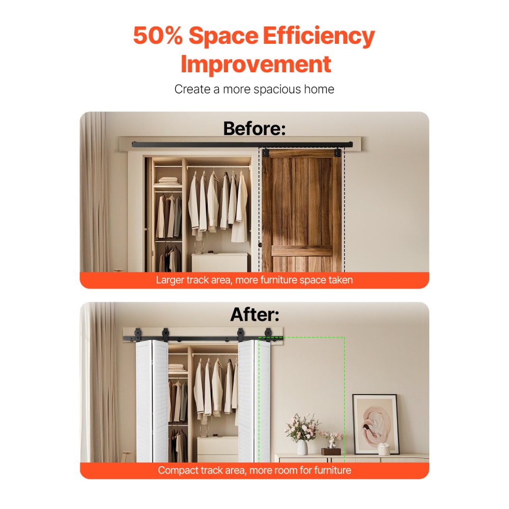 VEVOR Bi-Folding Sliding Barn Door Hardware Track Kit, 60" Top Mount Track Kit, Slide Smoothly & Quietly, Heavy Duty, Easy to Install, Suitable for Four 14" Closet Pantry Laundry Doors (Not Included)