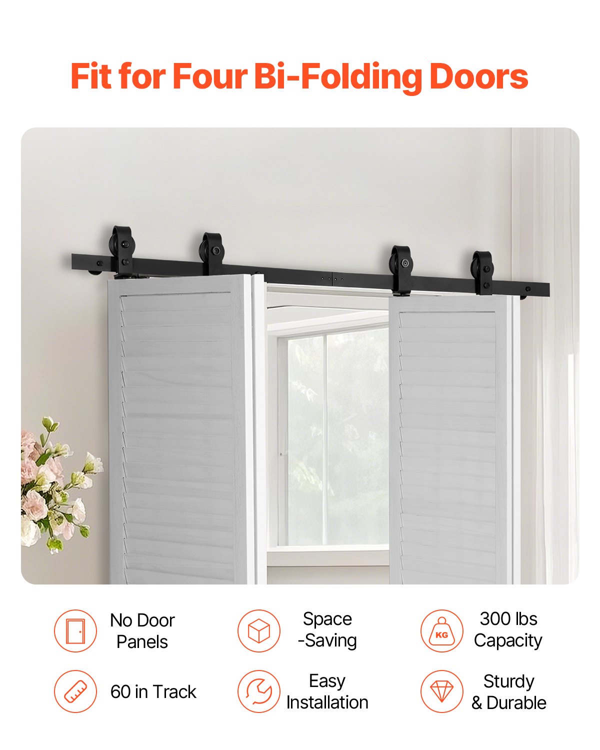 VEVOR Bi-Folding Sliding Barn Door Hardware Track Kit, 60" Top Mount Track Kit, Slide Smoothly & Quietly, Heavy Duty, Easy to Install, Suitable for Four 14" Closet Pantry Laundry Doors (Not Included)