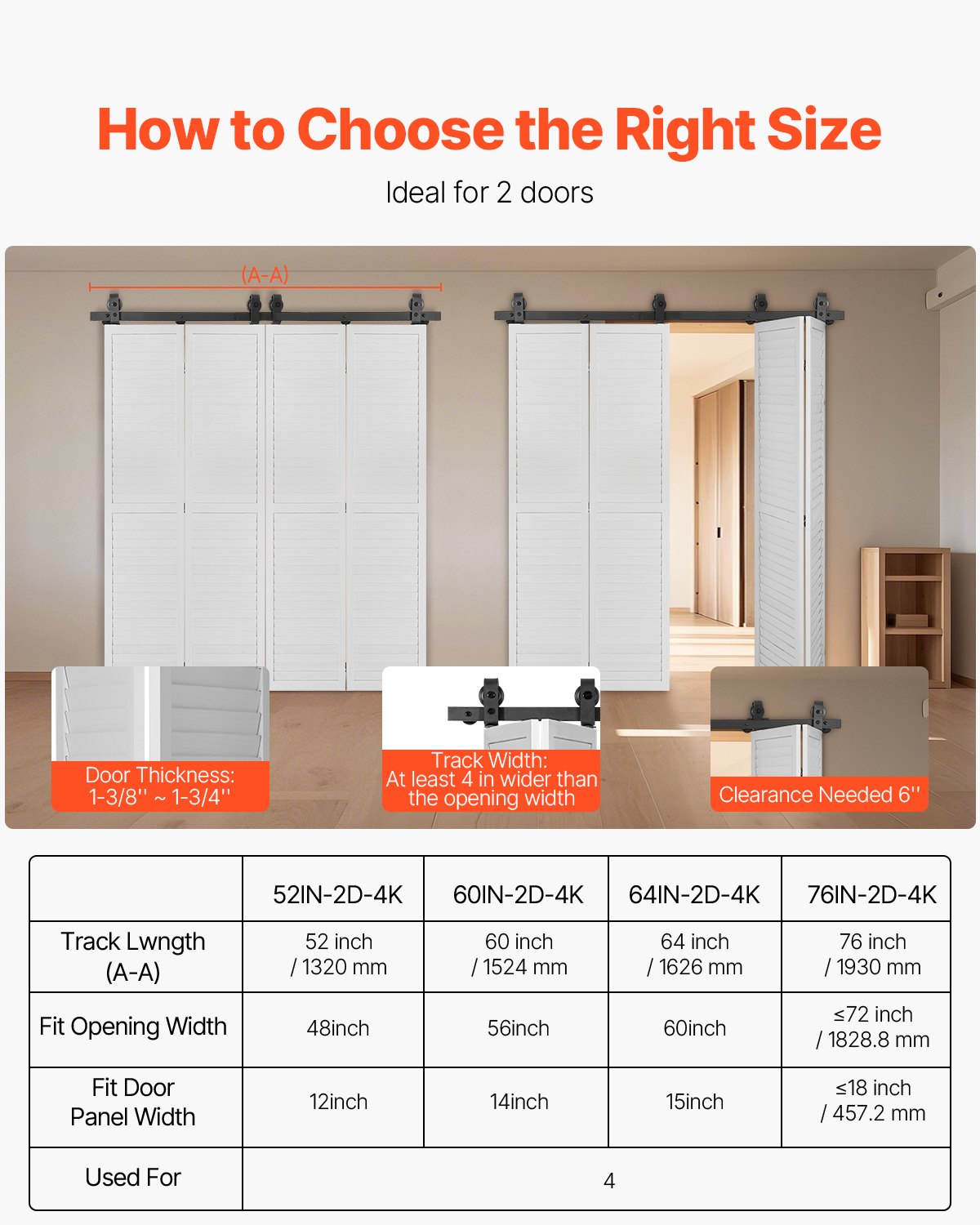 VEVOR Bi-Folding Sliding Barn Door Hardware Track Kit, 60" Top Mount Track Kit, Slide Smoothly & Quietly, Heavy Duty, Easy to Install, Suitable for Four 14" Closet Pantry Laundry Doors (Not Included)