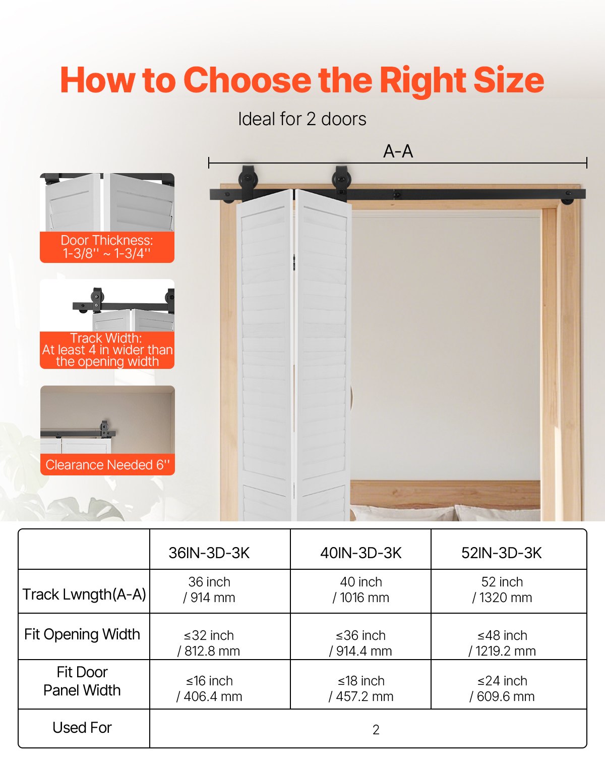 VEVOR Bi-Folding Sliding Barn Door Hardware Track Kit, 52" Top Mount Track Kit, Slide Smoothly & Quietly, Heavy Duty, Easy to Install, Suitable for Two 24" Closet Pantry Laundry Doors (Not Included)