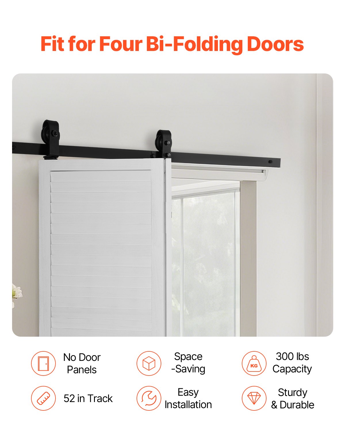 VEVOR Bi-Folding Sliding Barn Door Hardware Track Kit, 52" Top Mount Track Kit, Slide Smoothly & Quietly, Heavy Duty, Easy to Install, Suitable for Two 24" Closet Pantry Laundry Doors (Not Included)