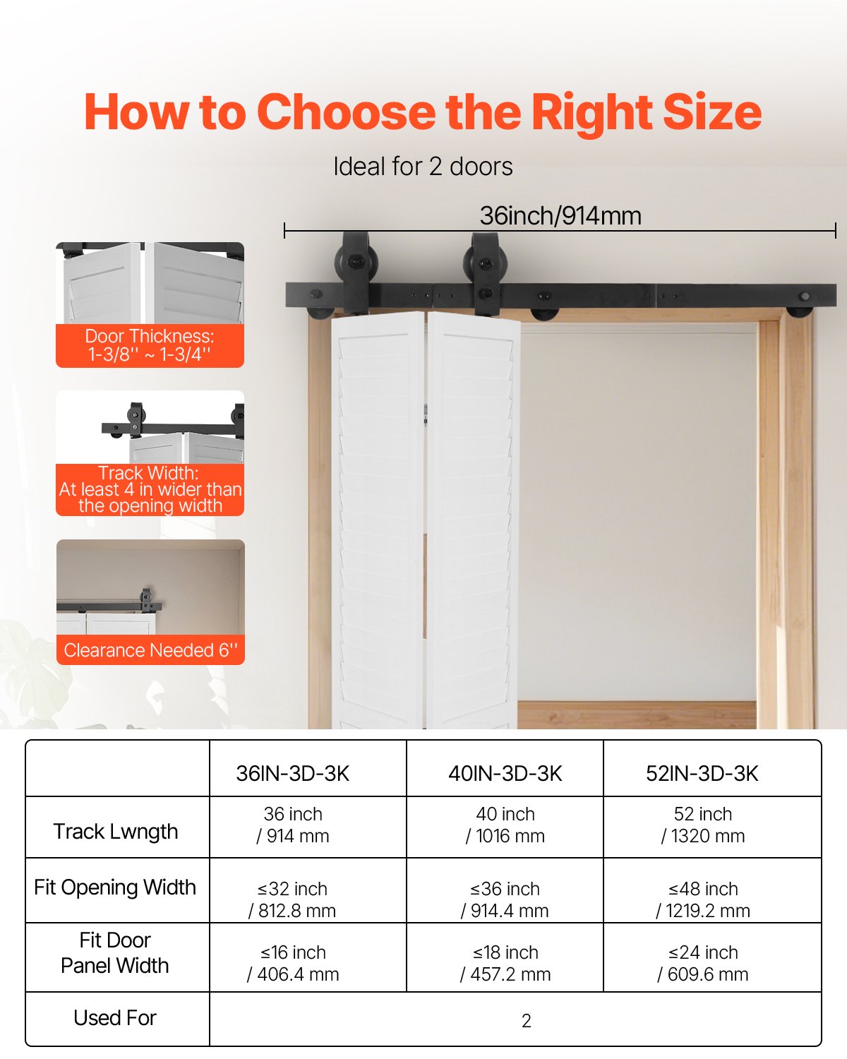 VEVOR Bi-Folding Sliding Barn Door Hardware Track Kit, 36" Top Mount Track Kit, Slide Smoothly & Quietly, Heavy Duty, Easy to Install, Suitable for Two 16" Closet Pantry Laundry Doors (Not Included)