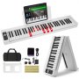 VEVOR 61 Key Folding Keyboard Piano, Bluetooth & MIDI, Portable Electronic Digital Foldable Piano with Sustain Pedal Touch Sensitive Lighted Keys Bag, Rechargeable for Beginners Teens Adults, White
