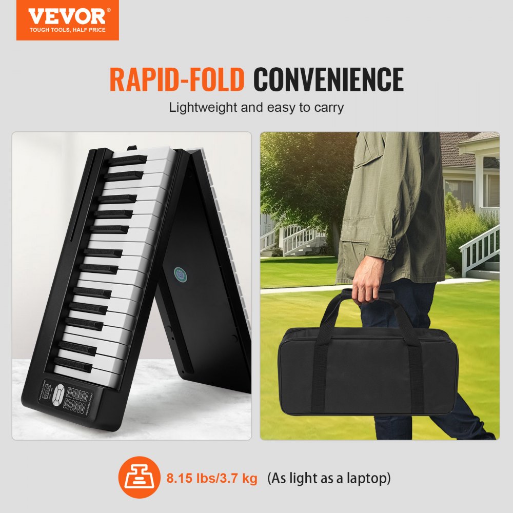 VEVOR 61 Key Folding Keyboard Piano, Bluetooth & MIDI, Portable Electronic Digital Foldable Piano with Sustain Pedal Touch Sensitive Lighted Keys Bag, Rechargeable for Beginners Teens Adults, Black