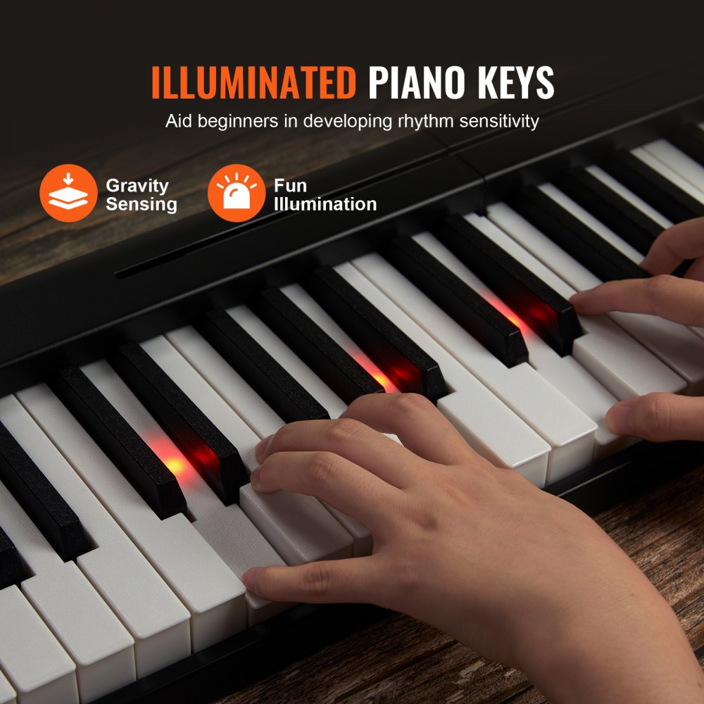 VEVOR 61 Key Folding Keyboard Piano, Bluetooth & MIDI, Portable Electronic Digital Foldable Piano with Sustain Pedal Touch Sensitive Lighted Keys Bag, Rechargeable for Beginners Teens Adults, Black