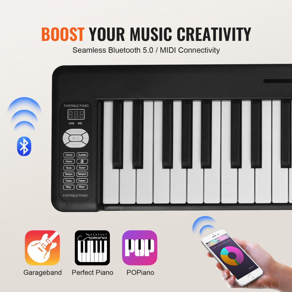 VEVOR 61 Key Folding Keyboard Piano, Bluetooth & MIDI, Portable Electronic Digital Foldable Piano with Sustain Pedal Touch Sensitive Lighted Keys Bag, Rechargeable for Beginners Teens Adults, Black