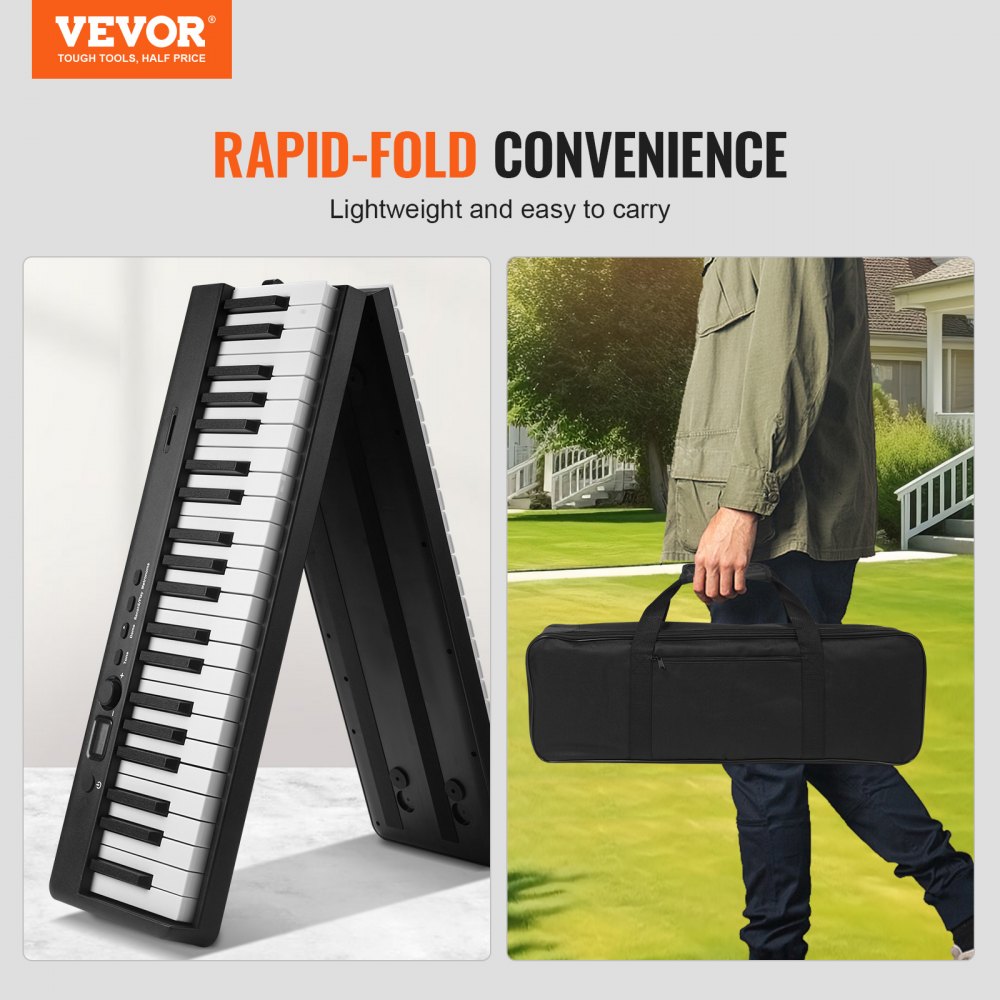 VEVOR 88 Key Folding Keyboard Piano, Bluetooth & MIDI, Portable Electronic Digital Foldable Piano with Sustain Pedal Bag Touch Sensitive Keys Headphones, Rechargeable for Beginners Teens Adults, Black