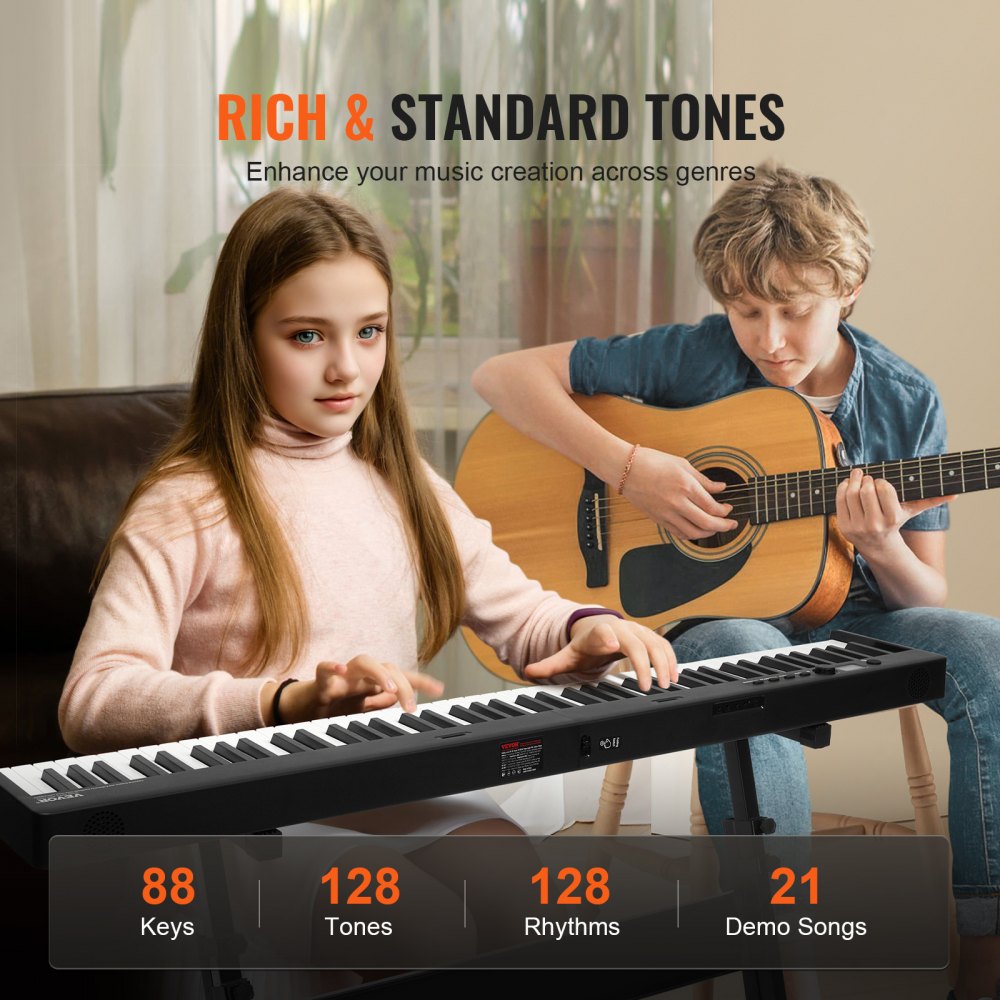 Piano eletrônico digital portátil dobrável VEVOR com 88 teclas, Bluetooth e MIDI, com suporte, pedal de sustain, bolsa, teclas sensíveis ao toque, recarregável, para iniciantes, adolescentes e adultos, preto.